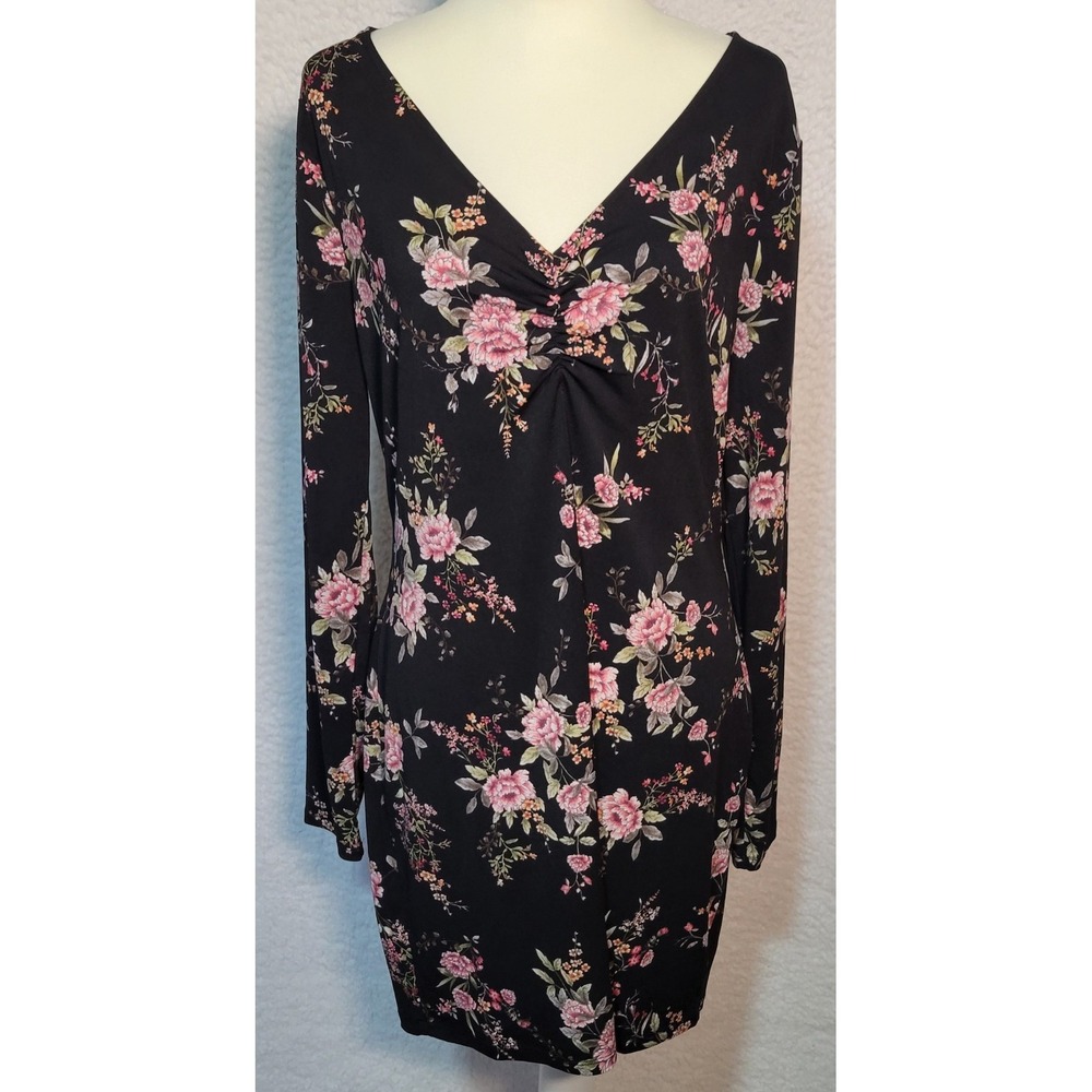 B Flawless Bodycon Dress Sz 2X Floral Black Long Sleeve V-Neck Knee Length 1934